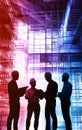 Silhouetted workers review plans on a construction site, showcasing teamwork and collaboration in a modern industrial setting Royalty Free Stock Photo