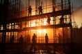 Silhouetted workers on scaffold, laboring under intense sunlights shadowy embrace
