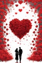 A silhouettenof a couple lover holdings hands, a romantic heart made of red rose, flower petals arounds them, dreamy, fantasy art