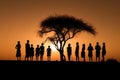 Silhouettes of african aborigines at sunset. Generative AI