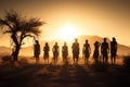 Silhouettes of african aborigines at sunset. Generative AI