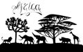 Silhouettes of African animals and plants, lettering. Print for design paper, fabric, interior. raster copy