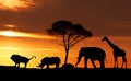 Silhouettes of African animals at sunset in the Savannah Royalty Free Stock Photo