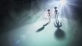 Silhouettes of aliens and bright light in background. 3D rendered illustration