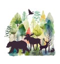 Silhouettes of animals in the forest. Vector illustration Royalty Free Stock Photo