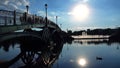 Silhouettes of arched park bridge, walking people and floating duck