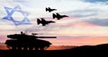 Silhouettes of army tank and fight planes on background of sunset with a transparent waving Israel flag.