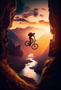 Silhouettes of Athletes Mountain Biking on a Trail with Mountain Range in the Background. AI Generated