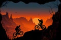 Silhouettes of Athletes Mountain Biking on a Trail with Mountain Range in the Background. AI Generated