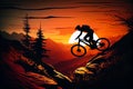 Silhouettes of Athletes Mountain Biking on a Trail with Mountain Range in the Background. AI Generated