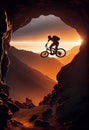 Silhouettes of Athletes Mountain Biking on a Trail with Mountain Range in the Background. AI Generated