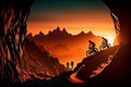 Silhouettes of Athletes Mountain Biking on a Trail with Mountain Range in the Background. AI Generated