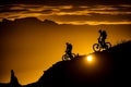 Silhouettes of Athletes Mountain Biking on a Trail with Mountain Range in the Background. AI Generated