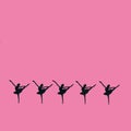 Silhouettes of ballerinas in regular order on a pink background. Flat lay concept