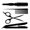 Silhouettes of barber tools: round comb, hairbrush, scissors and hair iron