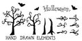 Silhouettes of  bat, bare tree, trunks and dry branches on white background. Hand drawn element design. Royalty Free Stock Photo