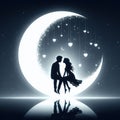 Silhouettes of a beautiful, loving young couple sitting on a crescent moon. Royalty Free Stock Photo