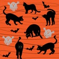 Silhouettes of black cats in different poses, bats and ghosts on an orange background. Halloween