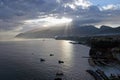 Silhouettes of boats early dawn at port in Sorrento Italy