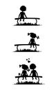 Silhouettes of boy and girl sitting on a bench