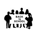 Silhouettes boys and girls holding Back to school banner