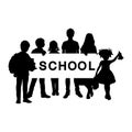 Silhouettes boys and girls holding School banner