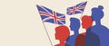 Silhouettes of british people, copy space template, color vector stock illustration with people with the flag of the united