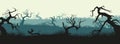 Silhouettes Of Broken Trees And Marsh Grass. Swamp Panorama. Horizontal Image Of Old Forest