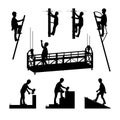 Silhouettes of builders. Brickwork. Mason bricklayer. High-altitude work