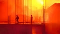 Silhouettes of builders are engaged in construction activities, set against a striking gradient of red and yellow that captures Royalty Free Stock Photo