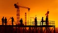 Silhouettes of builders stands out amidst a construction cranes. Generative AI
