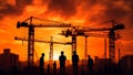 Silhouettes of builders stands out amidst a construction cranes. Generative AI