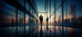 Silhouettes of business men walking at sunrise in a passage between modern high-tech all glass walls buildings. Royalty Free Stock Photo