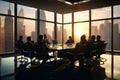 Silhouettes of business people in conference room with panoramic city view, A boardroom with executives brainstorming, AI