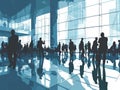 Silhouettes of business people in the lobby of the airport. Generative AI Royalty Free Stock Photo