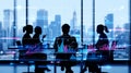 Silhouettes of business people in a meeting with digital data visualizations Royalty Free Stock Photo