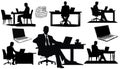 Silhouettes of business people sitting, men sit on armchair, office chair with laptop, tablet, front, side view. Vector Royalty Free Stock Photo