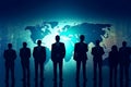 Silhouettes of business people standing in front of digital world map Royalty Free Stock Photo