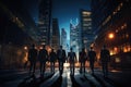 Silhouettes of business people walking in the city at night, A group of businesspeople walking down a city street at night, AI Royalty Free Stock Photo