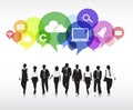 Silhouettes of Business People Walking with MultiColored Speech Bubbles Royalty Free Stock Photo