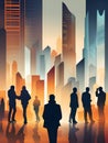 silhouettes of business people walking at night, city and office buildings, Ai Generated Royalty Free Stock Photo