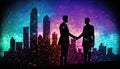 Silhouettes of businessmen shaking hands. Hexagon Landscape filled with geometric city skyline. Business deal in abstract