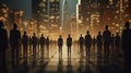 Silhouettes of businessmen in suits against backdrop of metropolis