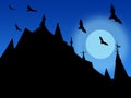 Silhouettes of castle roofs with weather vanes and flying bats on moon and sky background