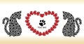 Silhouettes of cats with hearts. Valentine day`s card