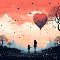 Silhouettes of a child and mother holding a big heart-shaped balloon. Love, family. AI-generated. Royalty Free Stock Photo