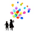 Silhouettes of Children Playing and Holding Balloons Royalty Free Stock Photo