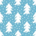 Silhouettes of Christmas trees and round snowflakes drawn by hand. Seamless pattern. Royalty Free Stock Photo