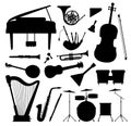 Silhouettes of classical music orchestra, jazz and folk instruments. Piano, guitar, horn, cello and saxophone. Musical