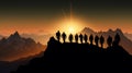 Silhouettes of climbers unite in their journey to reach mountain\'s peak